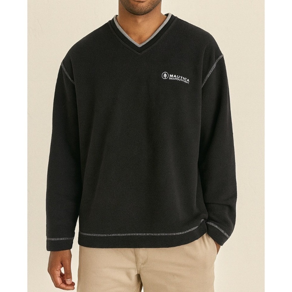 Nautica Jeans Company Vintage Men's‎ Black Fleece V-Neck Pullover Sweater XL